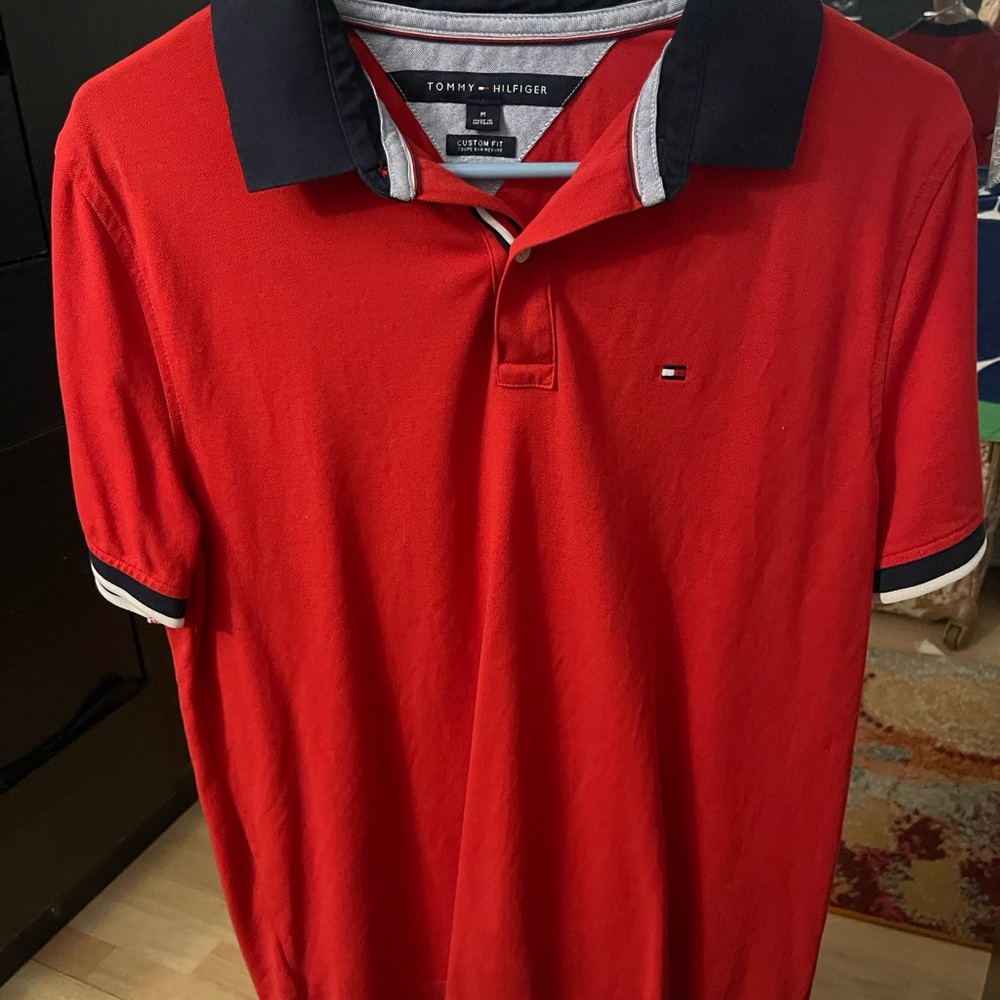 Tommy Hilfiger Red Polo Shirt with Navy Collar
